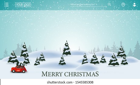 Christmas background for website. Cartoon winter landscape with red vintage car carrying Christmas tree