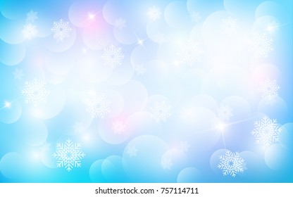 Christmas background with white blurred and clear snowflakes