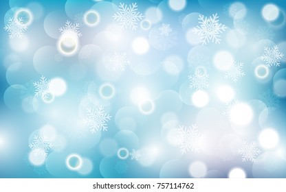 Christmas background with white blurred and clear snowflakes