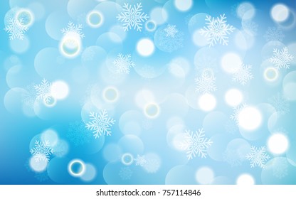 Christmas background with white blurred and clear snowflakes