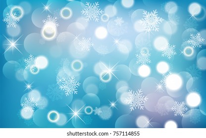Christmas background with white blurred and clear snowflakes