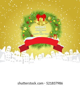 Christmas background with white city and snowflakes bokeh