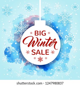 Christmas background with white decoration, snowflakes and watercolor texture. Design for seasonal winter sale. Vector illustration