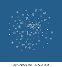 Weihnachtshintergrund. Weiße, feine Schneeflocken auf blauem Hintergrund. Weihnachtsdesign