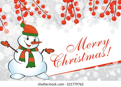 Christmas background with white fir branches and red berries and snowman. The magic white card. Vector illustration