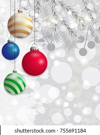 Christmas background with white fir branches and colorful bauble. Vector illustration.