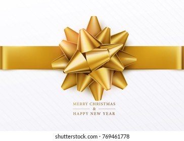 Christmas background. White gift box with golden bow and horizontal ribbon. Top view. Greeting text sign. Merry xmas and happy new year. Vector illustration