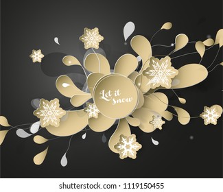 Christmas background with white and golden snowflakes. Dark version.