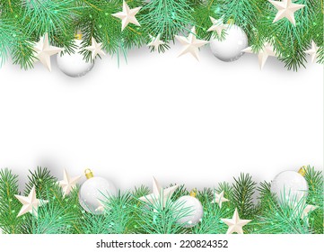 Christmas background with white ornaments and branches on white background, vector illustration eps 10 with transparency and gradient meshes