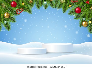 Christmas Background And White Podium With Gradient Mesh, Vector Illustration