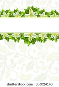 Christmas background with white poinsettia and holly leaves decoration elements. Vertical banner with  horizontal borders and copy space for your text