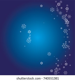 Christmas background with white random scatter falling snowflakes on a navy blue background.
