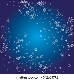 Christmas background with white random scatter falling snowflakes on a navy blue background.