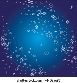Christmas background with white random scatter falling snowflakes on a navy blue background.