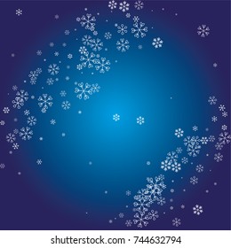 Christmas background with white random scatter falling snowflakes on a navy blue background.