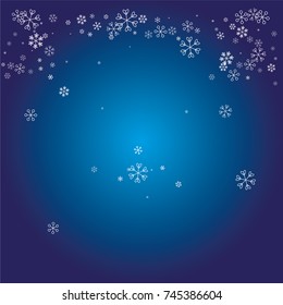 Christmas background with white random scatter falling snowflakes on a navy blue background.