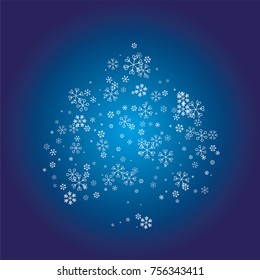 Christmas background with white random scatter falling snowflakes on a navy blue background.