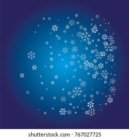 Christmas background with white random scatter falling snowflakes on a navy blue background.