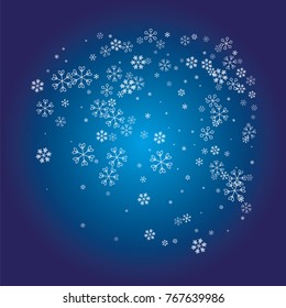 Christmas background with white random scatter falling snowflakes on a navy blue background.