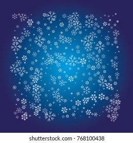 Christmas background with white random scatter falling snowflakes on a navy blue background.