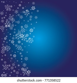 Christmas background with white random scatter falling snowflakes on a navy blue background.