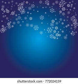 Christmas background with white random scatter falling snowflakes on a navy blue background.