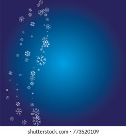 Christmas background with white random scatter falling snowflakes on a navy blue background.