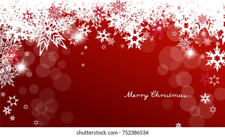 Christmas background with white and red snowflakes and red Merry Christmas text