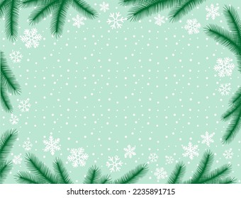 Christmas background with white snowflakes and fir branches. Holiday greeting invitation card. New Year vector illustration. Design pattern template.