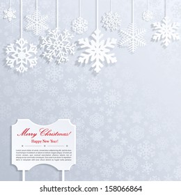 Christmas background with white snowflakes and frame with inscription