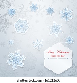 Christmas background with white snowflakes and frame with inscription