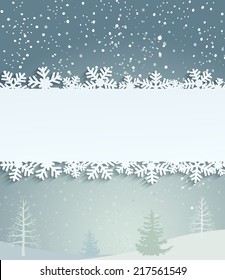 Christmas background with white snowflakes and frame with inscription