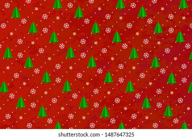 Christmas background of white snowflakes, gold stars and a Christmas tree on a red background. Design for christmas packaging. Vector 