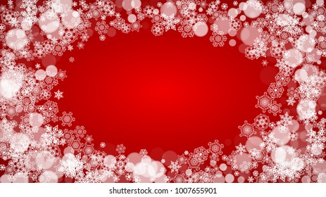 Christmas background with white snowflakes on red background. Santa Claus colors. New Year and Christmas background for party invitation, banner, gift card, retail offer. Horizontal winter backdrop