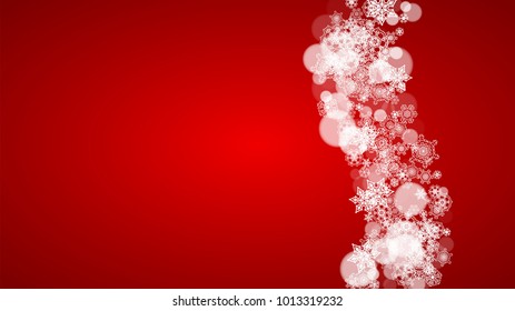 Christmas background with white snowflakes on red background. Santa Claus colors. New Year and Christmas background for party invitation, banner, gift card, retail offer. Horizontal winter backdrop