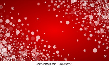 Christmas background with white snowflakes on red background. Santa Claus colors. New Year and Christmas background for party invitation, banner, gift card, retail offer. Horizontal winter backdrop