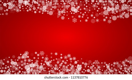 Christmas background with white snowflakes on red background. Santa Claus colors. New Year and Christmas background for party invitation, banner, gift card, retail offer. Horizontal winter backdrop