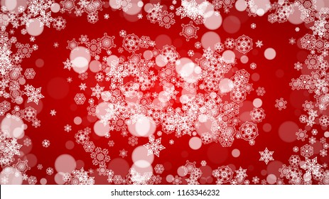 Christmas background with white snowflakes on red background. Santa Claus colors. New Year and Christmas background for party invitation, banner, gift card, retail offer. Horizontal winter backdrop