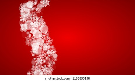 Christmas background with white snowflakes on red background. Santa Claus colors. New Year and Christmas background for party invitation, banner, gift card, retail offer. Horizontal winter backdrop