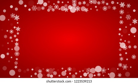 Christmas background with white snowflakes on red background. Santa Claus colors. New Year and Christmas background for party invitation, banner, gift card, retail offer. Horizontal winter backdrop