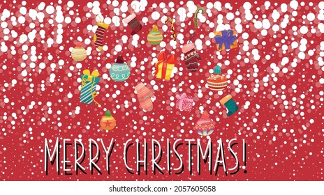 Christmas background with white snowflakes on red background. Gift rain. Merry Christmas. EPS8