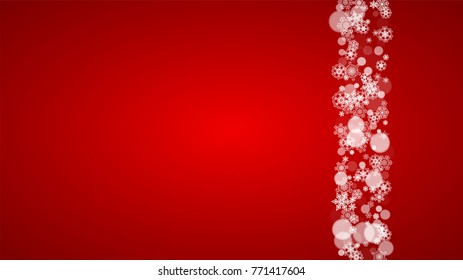 Christmas background with white snowflakes on red background. Santa Claus colors. New Year and Christmas background for party invitation, banner, gift card, retail offer. Horizontal winter backdrop