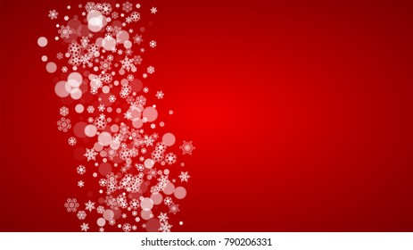 Christmas background with white snowflakes on red background. Santa Claus colors. New Year and Christmas background for party invitation, banner, gift card, retail offer. Horizontal winter backdrop