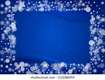 Christmas background with white snowflakes and sparkles. Winter sales, New Year and Christmas background for party invitation, banner, gift card, retail offer. Falling snow. Horizontal winter backdrop