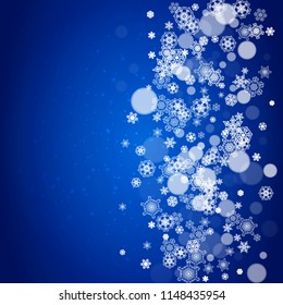 Christmas background with white snowflakes and sparkles. Winter sales, New Year and Christmas background for party invitation, banner, gift cards, retail offers. Falling snow. Frosty winter backdrop.