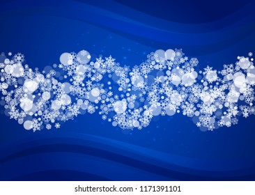 Christmas background with white snowflakes and sparkles. Winter sales, New Year and Christmas background for party invitation, banner, gift card, retail offer. Falling snow. Horizontal winter backdrop