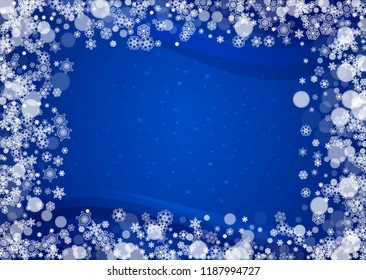 Christmas background with white snowflakes and sparkles. Winter sales, New Year and Christmas background for party invitation, banner, gift card, retail offer. Falling snow. Horizontal winter backdrop