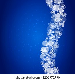 Christmas background with white snowflakes and sparkles. Winter sales, New Year and Christmas background for party invitation, banner, gift cards, retail offers. Falling snow. Frosty winter backdrop.