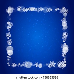 Christmas background with white snowflakes and sparkles. Winter sales, New Year and Christmas background for party invitation, banner, gift cards, retail offers. Falling snow. Frosty winter backdrop.