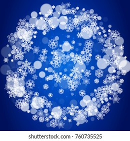 Christmas background with white snowflakes and sparkles. Winter sales, New Year and Christmas background for party invitation, banner, gift cards, retail offers. Falling snow. Frosty winter backdrop.